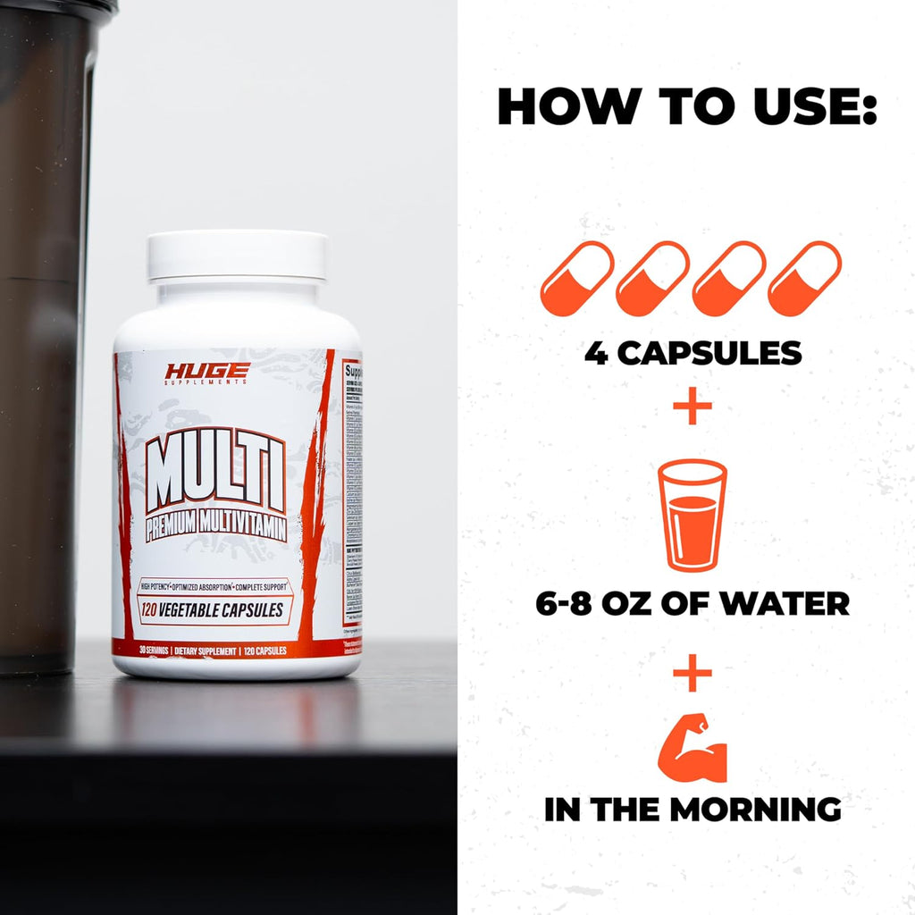 Huge Multi, Multivitamin for Men, High-Performance All-in-One Formula for Athletes & Bodybuilding, Vitamin & Mineral Replenishment, Supports Immune System & Healthy Hormone Levels (120 Capsules)