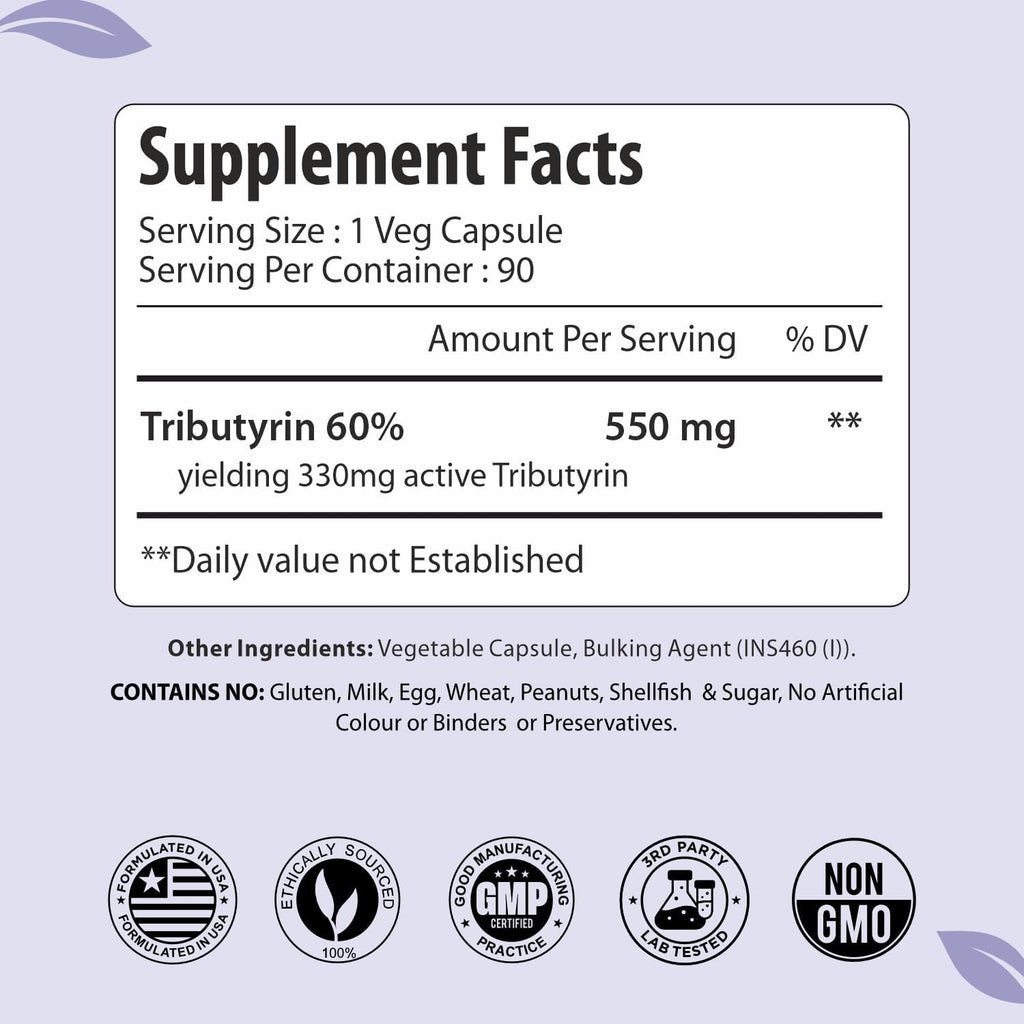 Tributyrin Supplement 550mg, Advanced Butyrate Form for Gut Health, 60% Standardized, More Effective Delivery Than Sodium Butyrate, 90 Capsules, Non-GMO & Gluten Free Postbiotic Supplement