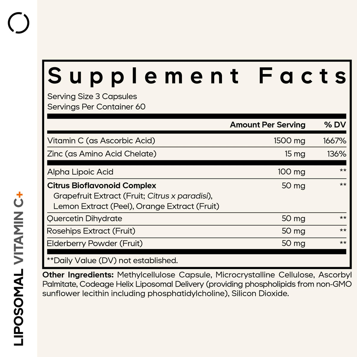 Codeage Liposomal Vitamin C 1500mg with Zinc, Elderberry, Citrus Bioflavonoids Grapefruit, Lemon, Orange Powder, Quercetin & Rose Hips Fruit – Vegan Supplement - Non-GMO, Vegan Pills, 180 Capsules