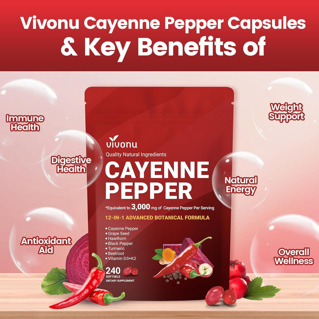 Cayenne Pepper Softgels Supplement, Supports Leg Vein, Heart and Blood Vessel Health, with Vitamin E D3+K2 and Extracts of Grape Seed, Hawthorn, Beetroot, Berberine and Others (Softgels / 2 Bag)
