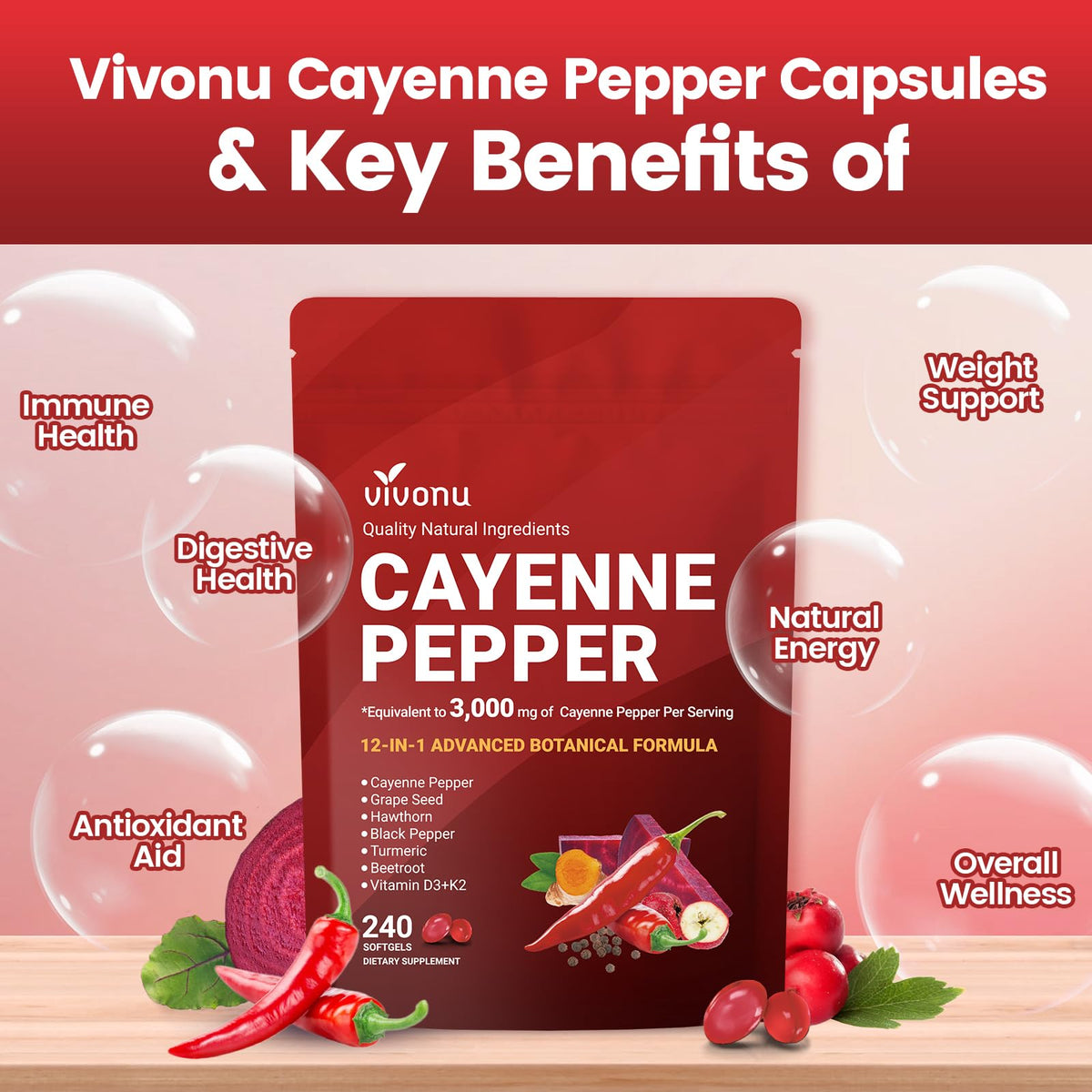 VivoNu Cayenne Pepper Softgels Supplement, Supports Leg Vein, Heart and Blood Vessel Health, with Vitamin E D3+K2 and Extracts of Grape Seed, Hawthorn, Beetroot, Berberine (Softgel / 1 Bag)