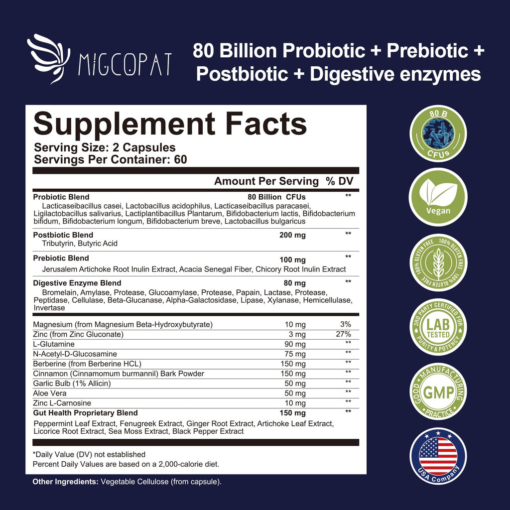 Migcopat Probiotic Prebiotic, Postbiotic & Digestive Enzymes for Digestive Health, 80 Billion CFU Probiotics Complete Gut Support with Berberine, Cinnamon, L-Glutamine, for Men & Women, 120 Capsules