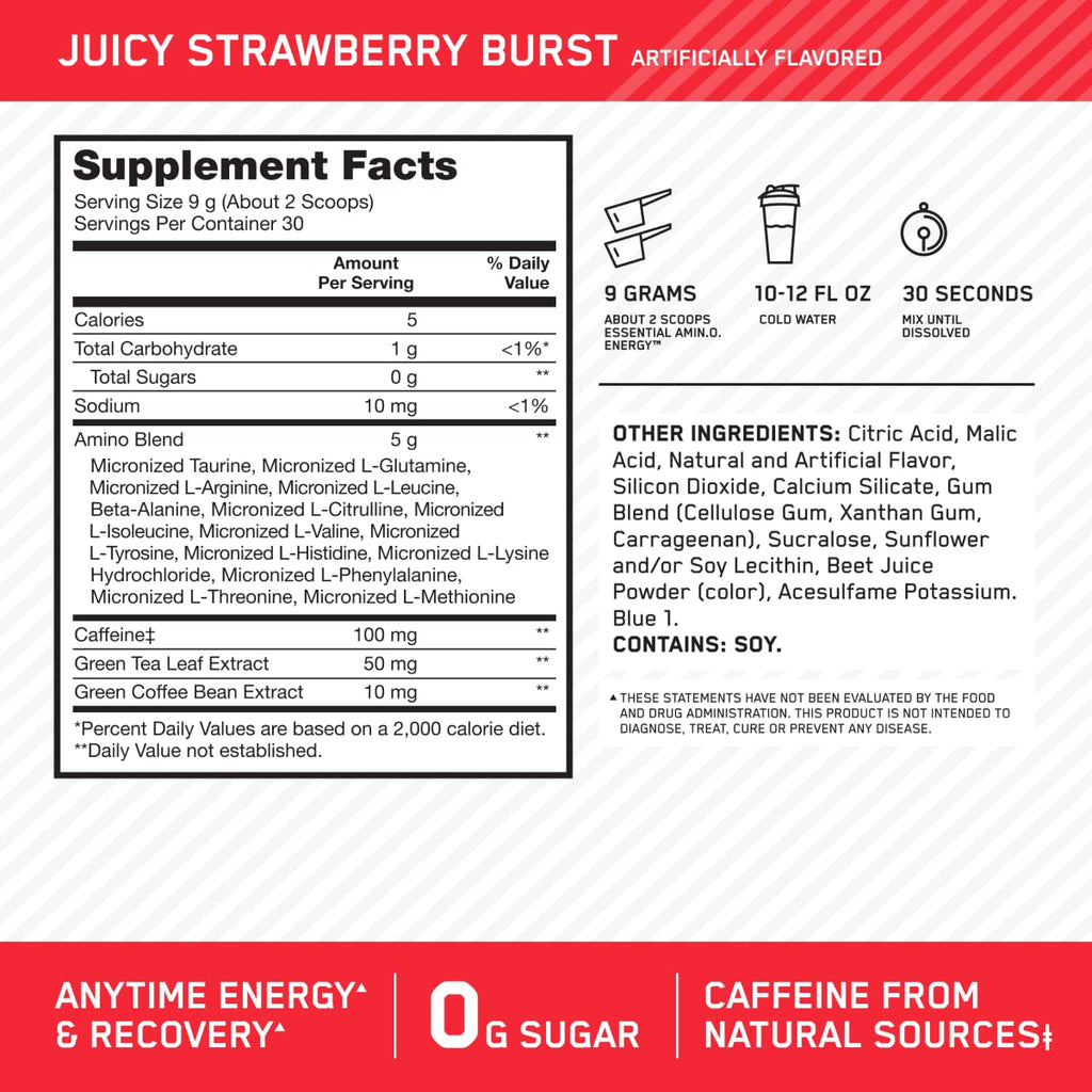 Optimum Nutrition, Amino Energy - Pre Workout with Green Tea, Bcaa, Amino Acids, Keto Friendly, Green Coffee Extract, Energy Powder - Concord Grape, 65 Servings