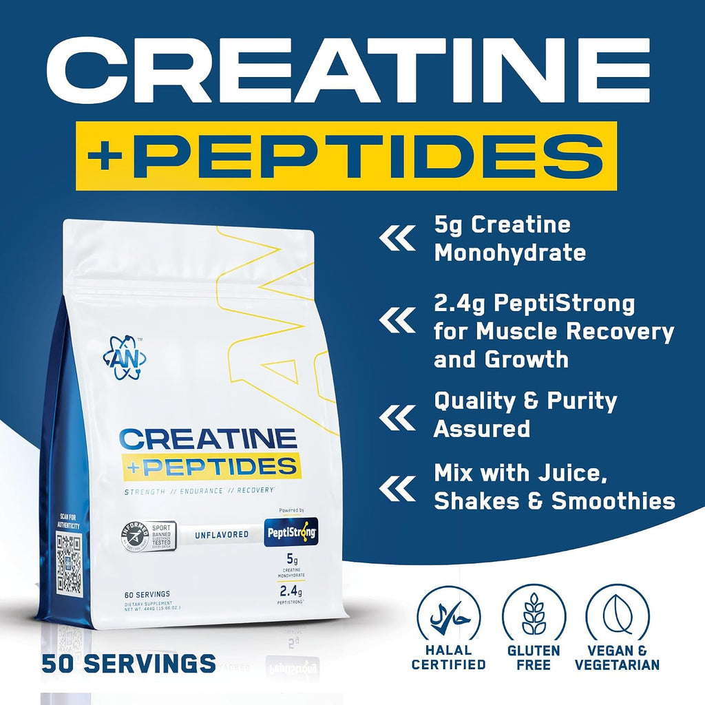 an Performance Creatine Monohydrate + Peptide | Micronized Powder | 5g Creatine, 2.4g PeptiStrong | Vegan, Gluten-Free, Non-GMO | Workout Supplement for Men & Women | Unflavored | 60 Servings