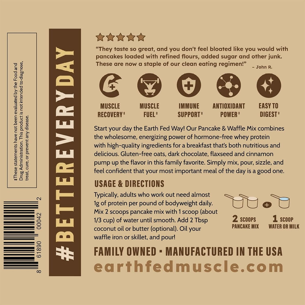 Earth Fed Muscle Griddle N' Grind Chocolate Chip Protein Pancake Mix & Waffle Mix – Protein Pancakes Gluten Free, High Protein & Fiber, Just Add Water – 2lbs, 13 Servings