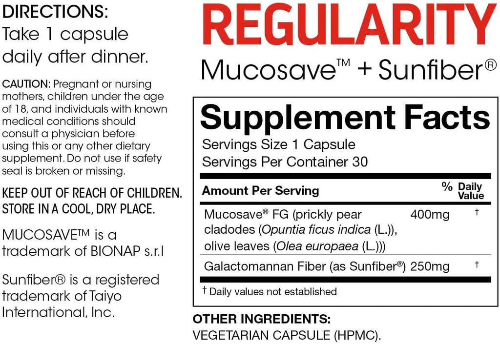 Silver Fern Regularity Digestive Supplement Capsules Brand | 1 Bottle = 30 Capsules = 30 Day Supply - Mucosave FG (Prickly Pear Polysaccharides & Olive Leaf Polyphenols) & SunFiber