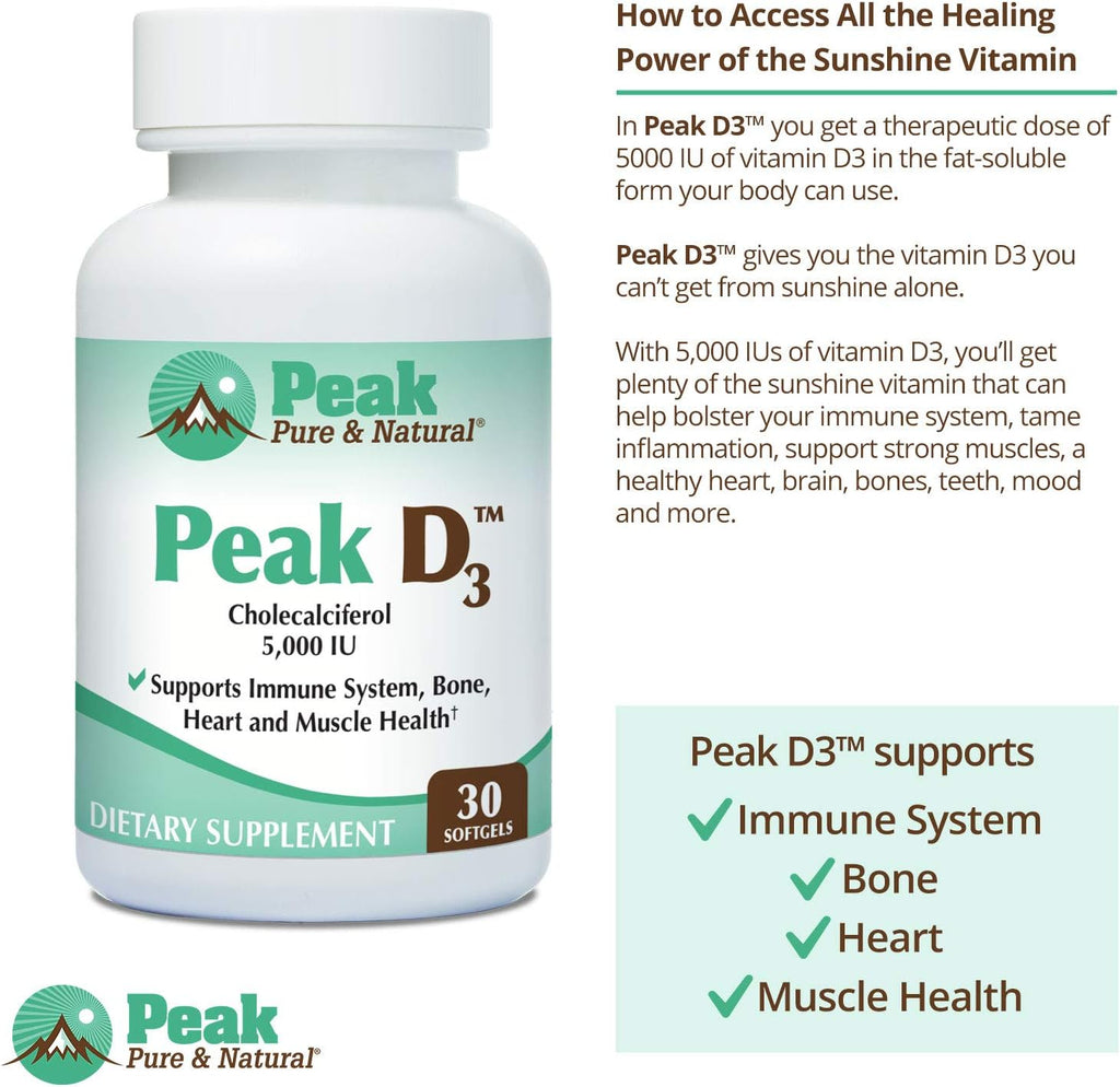 Peak Pure & Natural Peak D3 - Calciferol Vitamin D3 5,000 IU - Immune Support - Support Heart Health - Boost Energy - Daily Vitamin for Adults | 30 Capsules