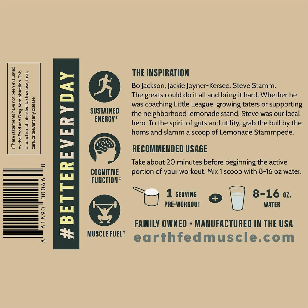 Earth Fed Muscle Stammpede Lemonade Pre Workout, Third-Party Certified. 250mg Caffeine, Lemonade - 5g Beta Alanine, Citrulline Malate, Taurine - Soy Free, Gluten Free - 16 oz, 26 Servings | Third-Party Certified, 250mg Caffeine, 5g Beta Alanine, Citrullin