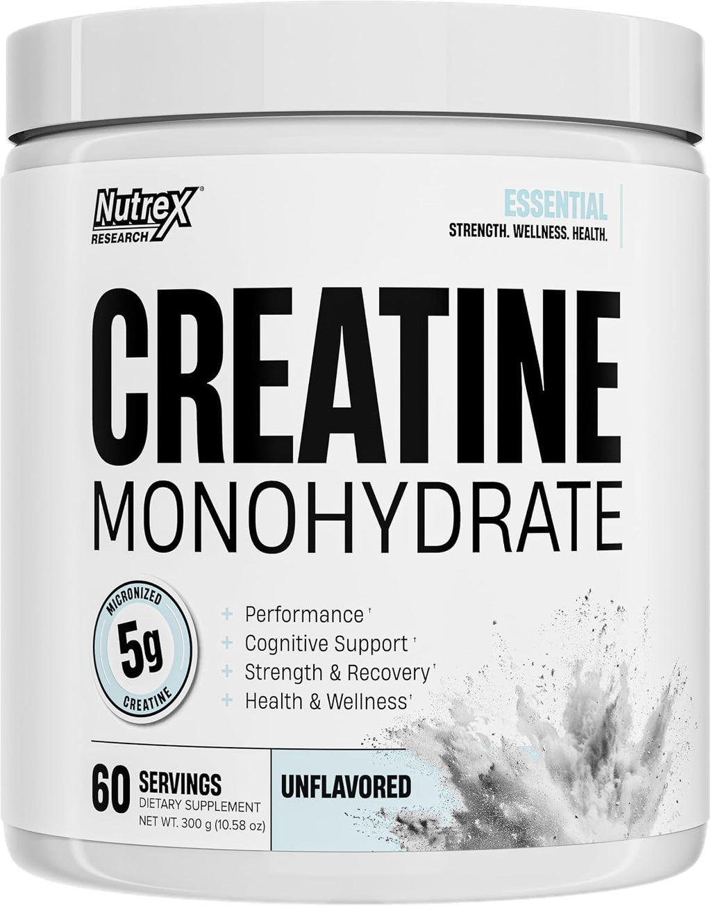 Nutrex Research Essentials Creatine Monohydrate Powder, 5g Micronized Creatine per Scoop, Unflavored, 60 Servings, Gluten Free, Supports Strength, Recovery, and Cognitive Function