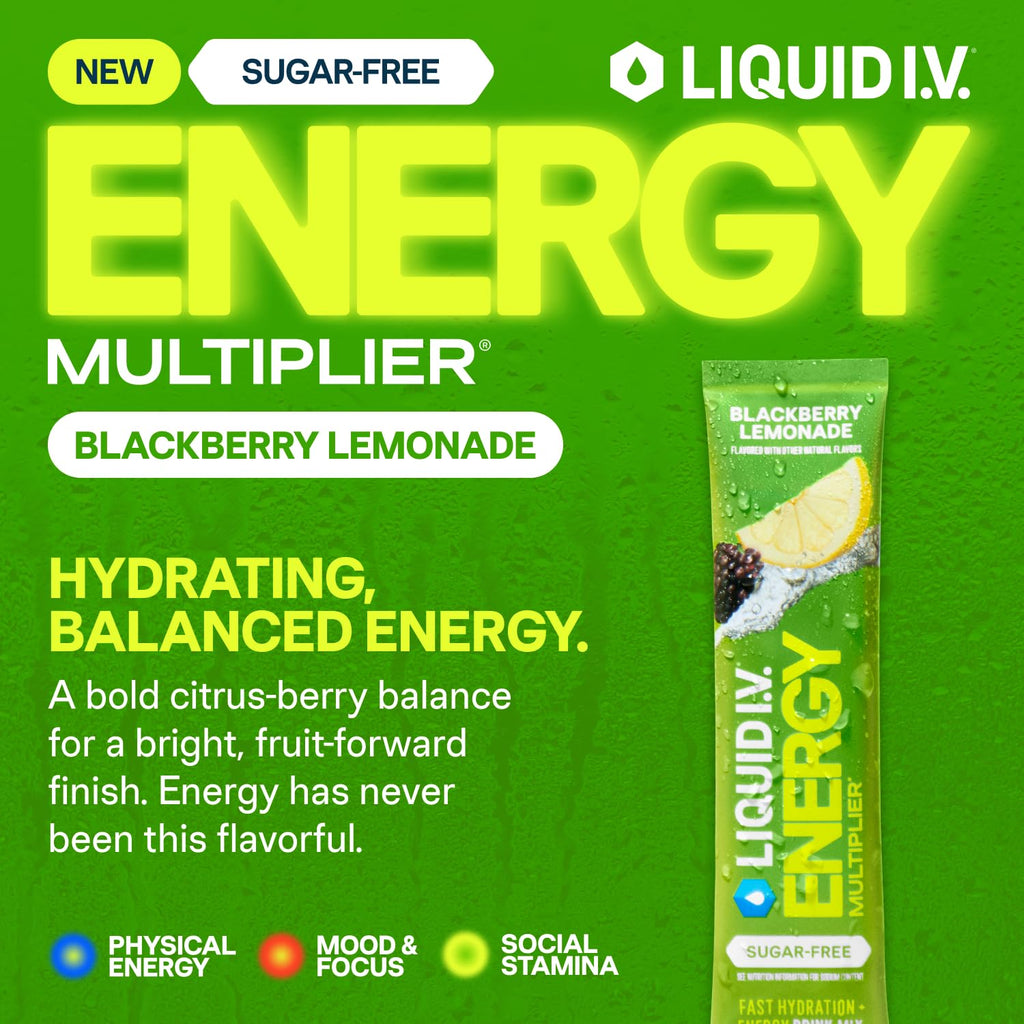 Liquid I.V.® Hydration Multiplier Sugar-Free + Energy - Blackberry Lemonade | Electrolyte Powder Drink Mix | 1 Pack (14 Servings)