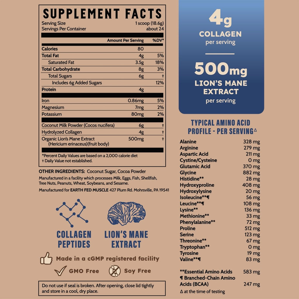 Earth Fed Muscle Vanilla Protein Coffee Creamer Powder, 24 Servings | Collagen Peptides, Lion's Mane, Coconut Milk, Non-Dairy, Morning Charge - Focus + Joint Support