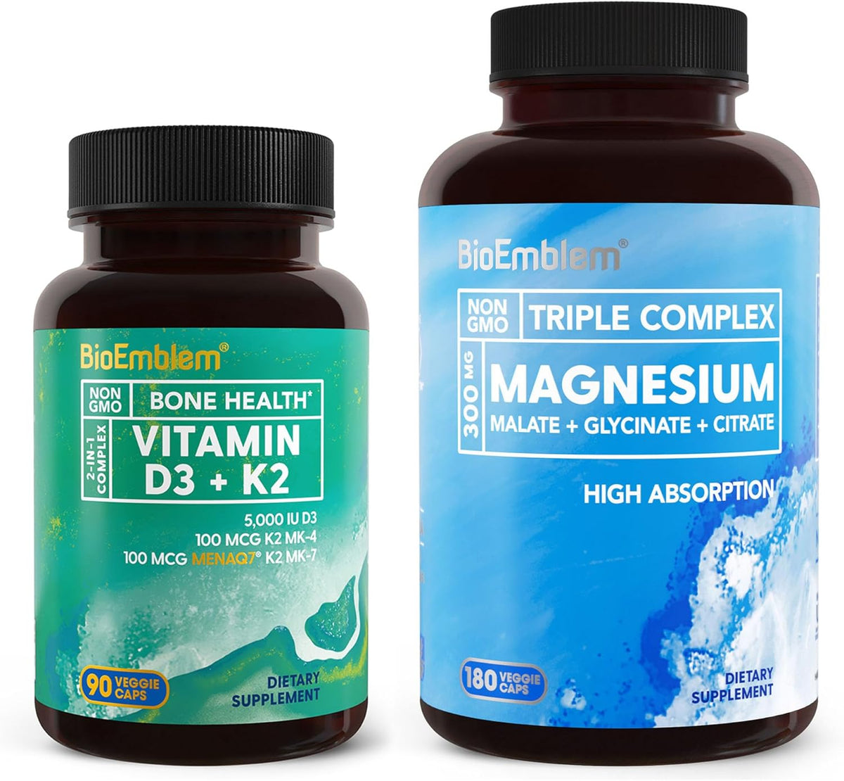 BioEmblem Triple Magnesium Complex 180 Capsules with Vitamin D3 K2 90 Capsules