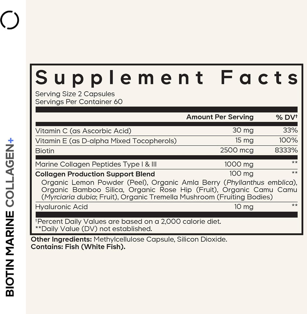 Codeage Biotin Marine Collagen Peptides - Wild-Caught Marine Collagen Types I & III, Biotin, Vitamins C & E, Hyaluronic Acid, Amino Acids, Fruit and Herb Blend, Non-GMO - 120 Capsules