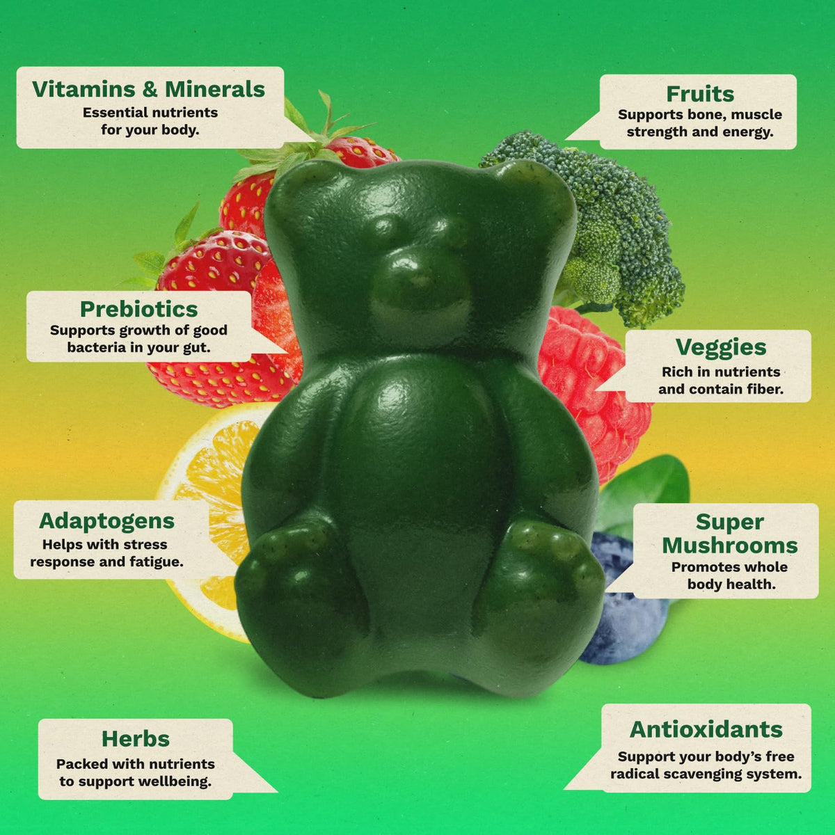 Gruns Adults Super Greens Gummies, Multivitamin Superfood Gummy Bears, Spirulina, Chlorella, Prebiotics & Fiber Gummies for Digestive Health, Adaptogens Supplement, 20 Vitamins & Minerals, 10 Count Grüns buy supplements Au