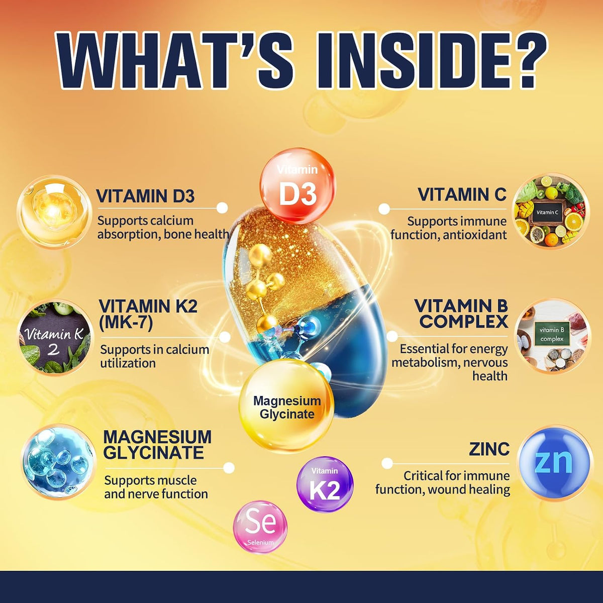 9-in-1 Magnesium Glycinate 500mg + Vitamin D3 5000 IU & K2 Complex - High Absorption - Healthy Stress, Sleep, Muscle Function, Bone Health & Energy Supports | Non-GMO, Gluten-Free 120 Softgels