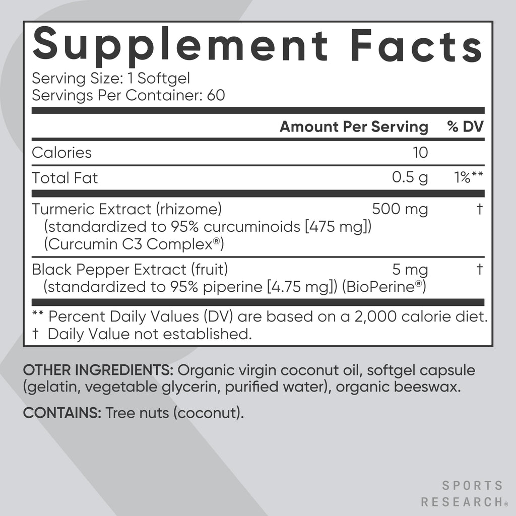 Sports Research® Turmeric Curcumin C3 Complex® w/BioPerine Black Pepper Extract & Organic Coconut Oil - Standardized 95% Curcuminoids · Non-GMO · Gluten Free - 120 Count Softgels