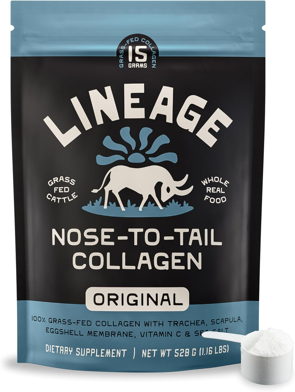 Lineage Provisions Grass Fed Collagen Powder, 30 Servings | Unflavored hydrolyzed bovine collagen peptides with trachea, scapula, eggshell membrane & vitamin C.