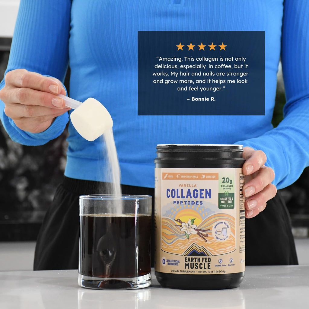 Earth Fed Muscle Collagen Peptides, Unflavored, 23 Servings | Third-Party Certified, 20g Protein, Grass Fed, Non-GMO, Hormone Free, Gluten Free, Multi-Type