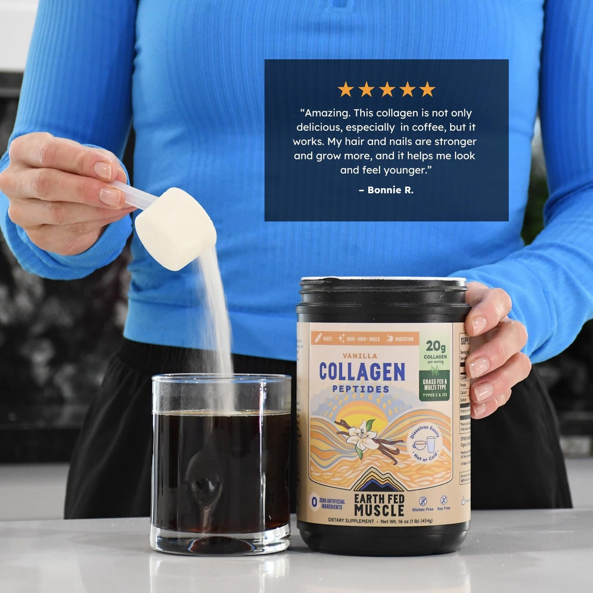 Earth Fed Muscle Collagen Peptides, Unflavored, 23 Servings | Third-Party Certified, 20g Protein, Grass Fed, Non-GMO, Hormone Free, Gluten Free, Multi-Type