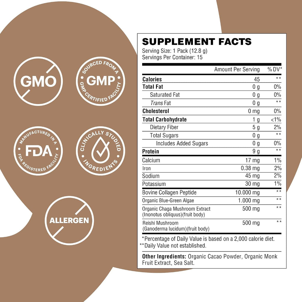 Wellthy Collagen Superfood Powder, Fights Stress & Fatigue, Cacao, Mushroom Powder - Organic Chaga & Reishi Extracts, Certified Organic Matcha, Allergen-Free & Non-GMO