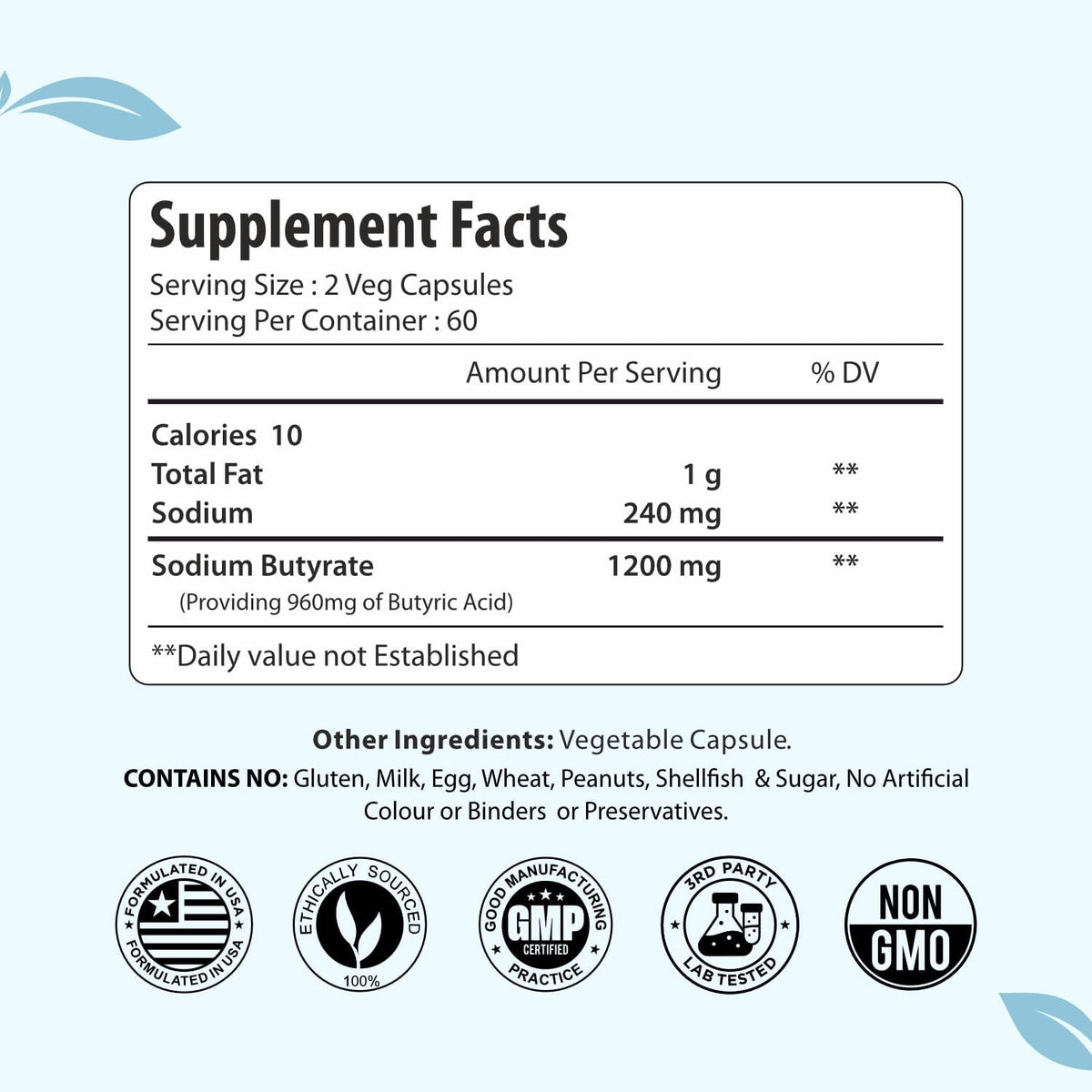 Sodium Butyrate Supplement 1200mg, Yielding 960mg Butyric Acid, 120 Vegan Capsules, 2 Month Supply, Non-GMO & Gluten Free Postbiotic Supplement