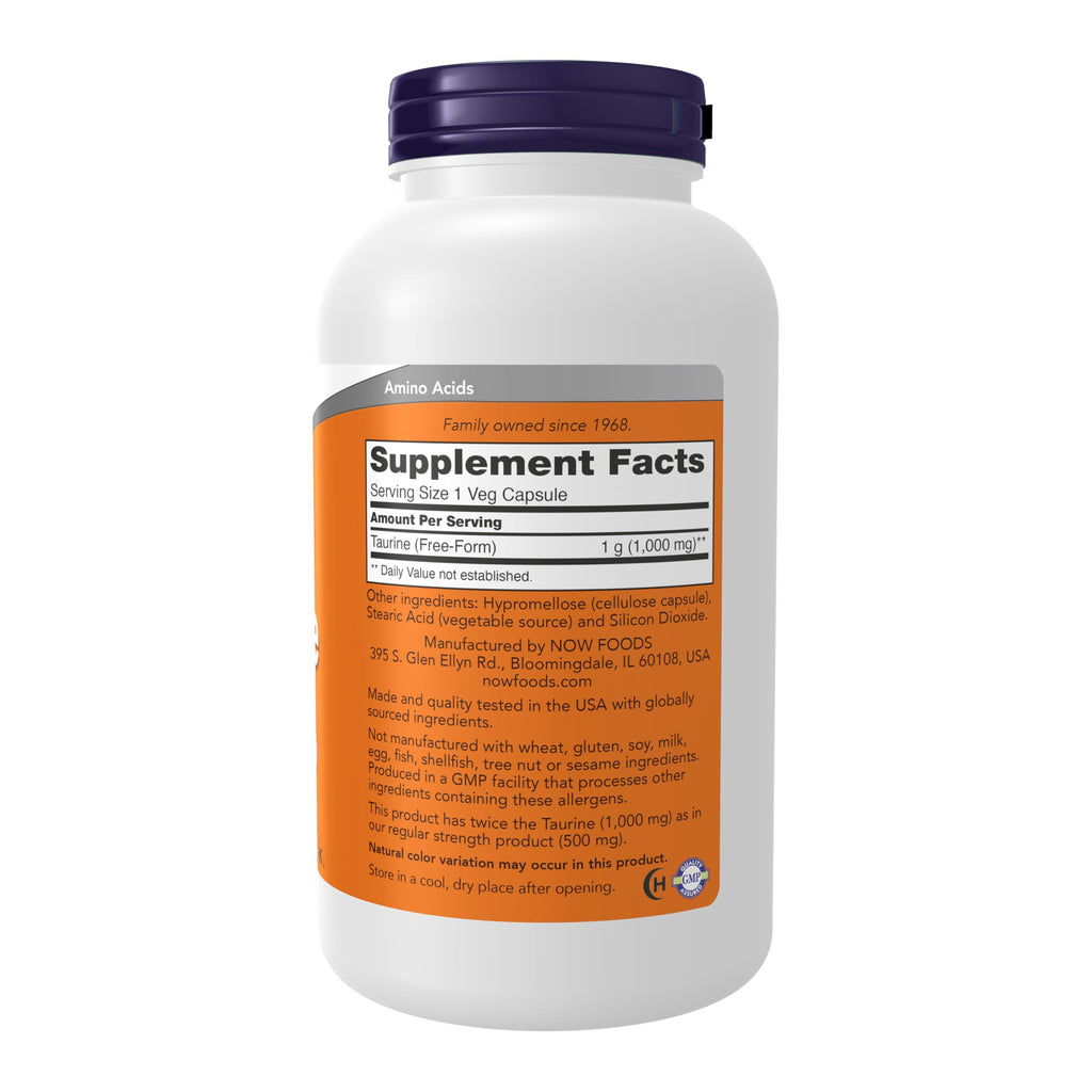 NOW Foods Supplements, Taurine 1,000 mg, Double Strength, Nervous System Health*, 250 Veg Capsules