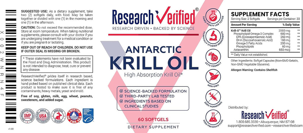 Research Verified Antarctic Krill Oil 2000mg - Support Heart Function & Joints, Boost Cognition - MSC Certified, Sustainably Sourced - 60 Softgels - Made in the USA