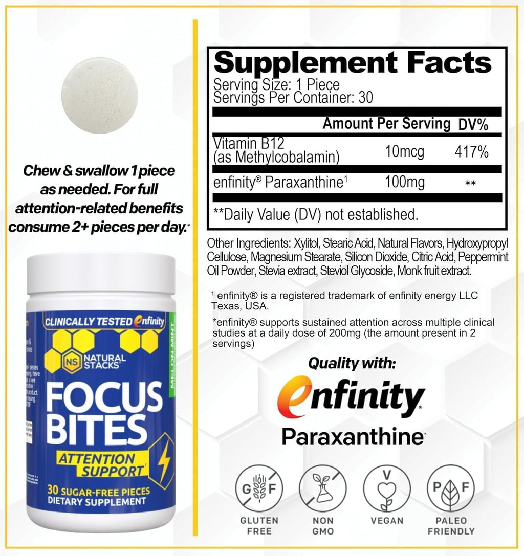 Paraxanthine Focus Bites 100mg, Caffeine Free Energy, 30 Melon Mint Chews | Enfinity paraxanthine supports attention and productivity with a smooth, jitter free lift. Great for afternoons.