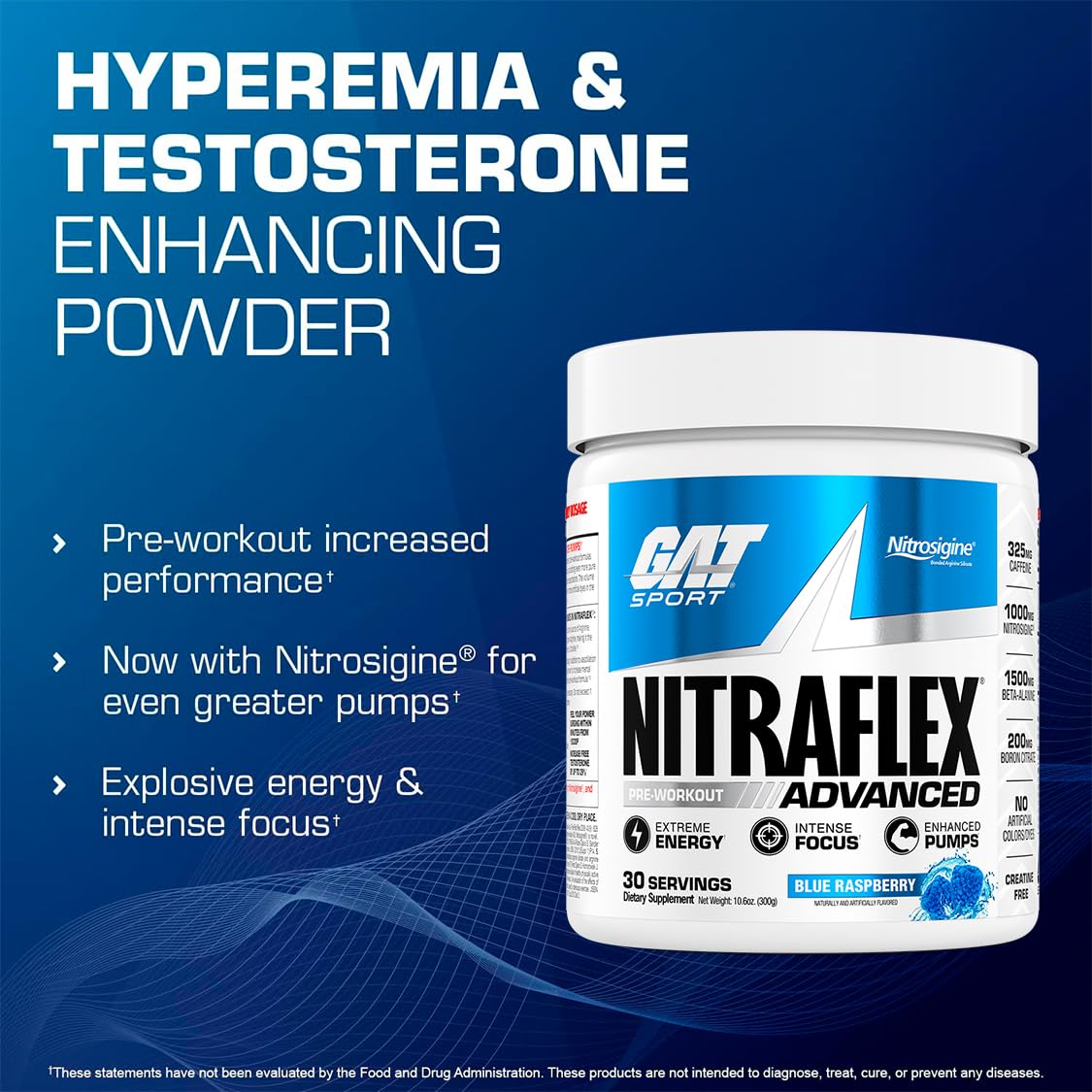 GAT SPORT Nitraflex Advanced Pre-Workout Powder, Increases Blood Flow, Boosts Strength and Energy, Improves Exercise Performance, (Blue Raspberry, 30 Servings)