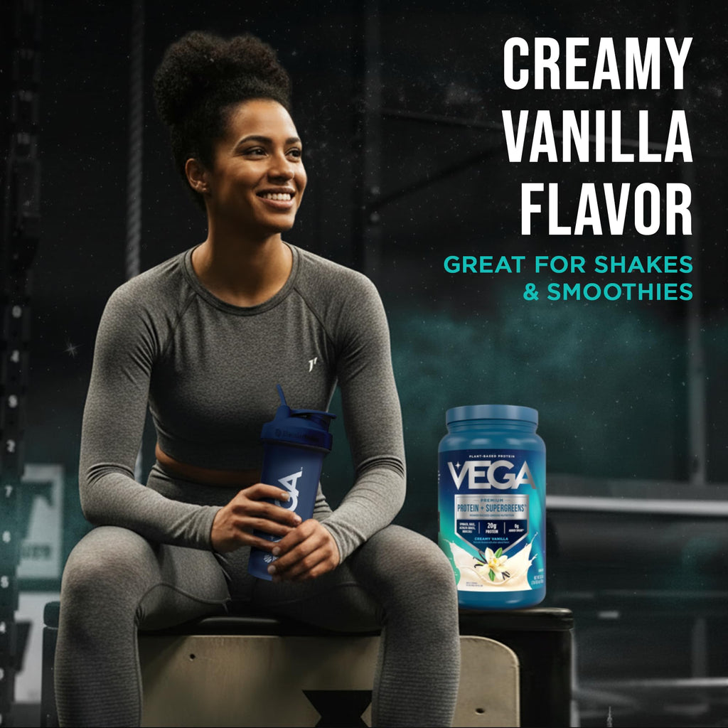 Vega Premium Protein + Supergreens, Creamy Vanilla – 20g Vegan Protein, Dairy & Gluten Free, 26.9 oz (25 Servings)