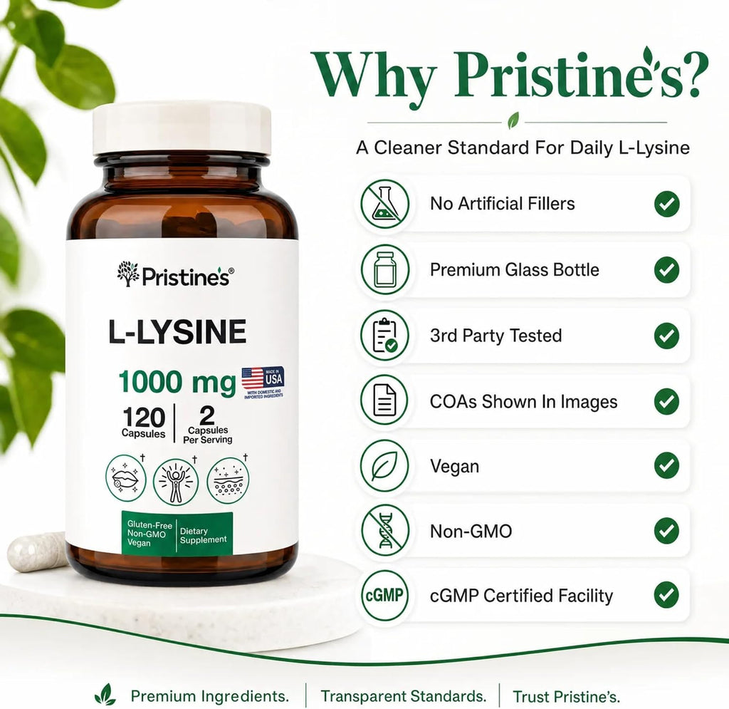 PRISTINE'S L-Lysine 1000mg Capsules, Lip Health & Immune Support, Vegan | Daily amino acid support for lip health and immune wellness. 60 day supply, vegan, non-GMO, gluten-free, glass bottle