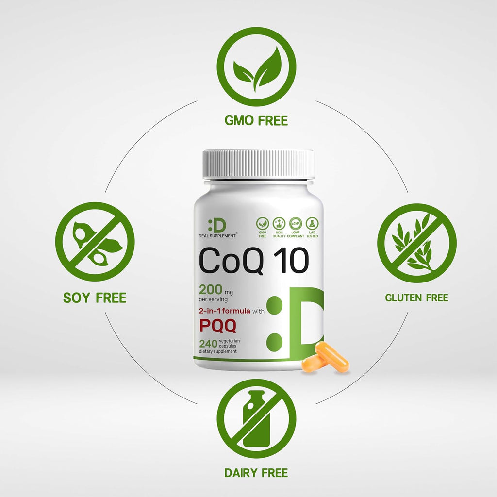 DEAL SUPPLEMENT CoQ10 200mg with PQQ 200mcg, 240 Veggie Capsules | Bioavailable Coenzyme Q10 Complex | Supports Heart, Energy & Brain Health | Antioxidant Support | Non-GMO