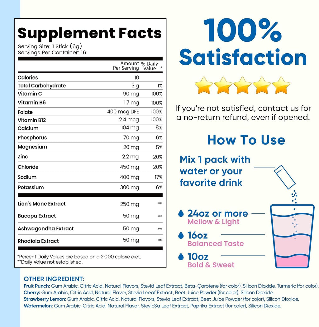 Venture Pal Sugar Free Hydration + Focus Electrolyte Packets, 16 Sticks | 7 Electrolytes + Vitamins, Magnesium, Lion's Mane & Ashwagandha, Boost Clarity & Energy, Electrolytes Powder, Vegan, Keto