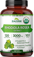Zazzee USDA Organic Rhodiola 10:1 Extract, 120 Capsules, 4 Month Supply, Rhodiola Rosea, Energy, Stress & Mental Focus Support, Concentrated 10X Extract, All-Natural, Non-GMO, Made in the USA
