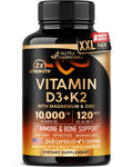 Vitamin D3 K2 - Vitamin D3 10000 iu & K2 as MK-7 120 mcg - Immune & Mood Support, for Bone & Teeth Health - with Magnesium, Zinc & Vitamin C & B12 - Highly Bioavailable - Gluten Free, 120 Capsules