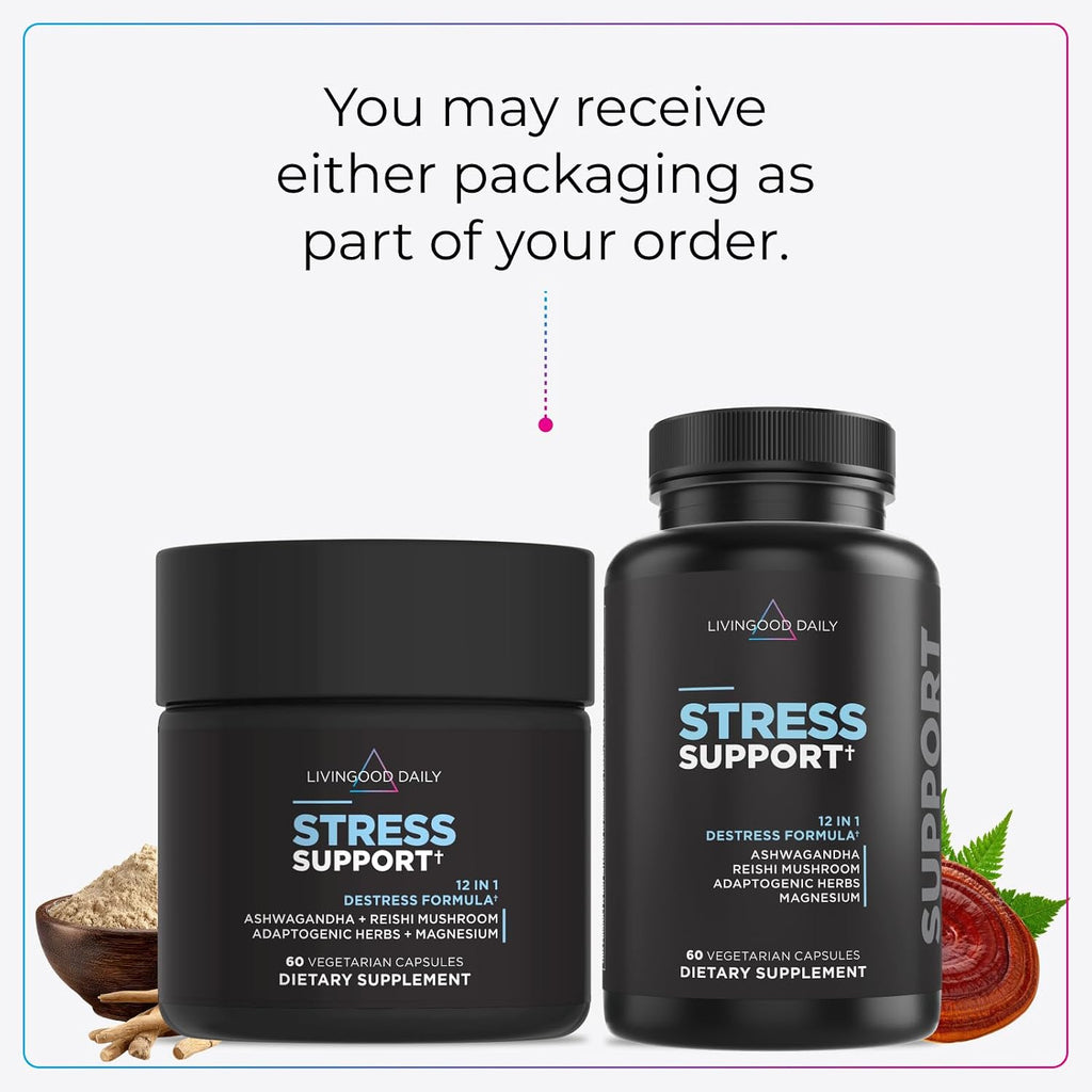 Livingood Daily Stress Support, 12-in-1 Supplement with Ashwagandha, Reishi Mushroom, Vitamin B6, Adaptogenic Herbs & Magnesium, Supports Mood & Calm, Gluten Free, Vegan, 60 Vegetarian Capsules