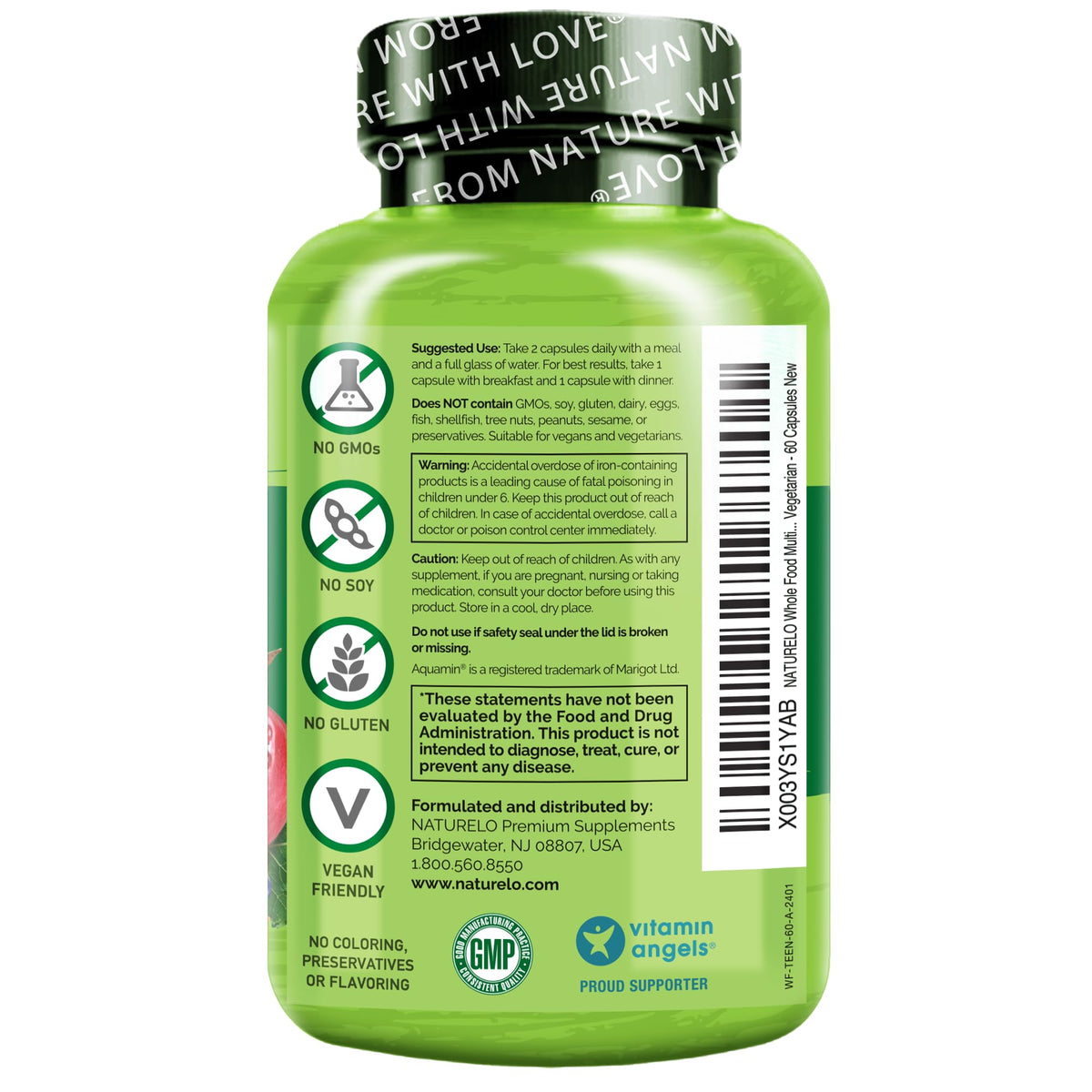 NATURELO Multivitamins for Teenage Girls/Boys, 60 Capsules, Whole Food Multivitamin with Minerals, Non-GMO, Vegetarian