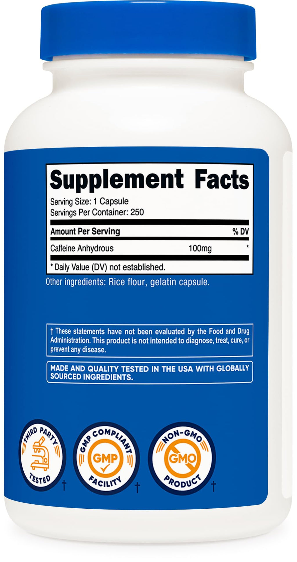 Nutricost Caffeine Pills 100mg Per Serving, 250 Capsules