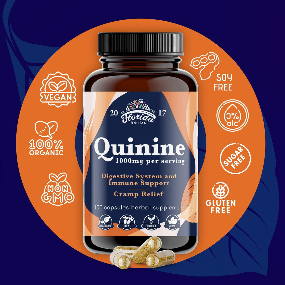 Quinine for Leg Cramps 1000 mg - 110 Capsules - Cinchona Bark Extract Supplement - Quinine Capsules - Vegan, Non - GMO