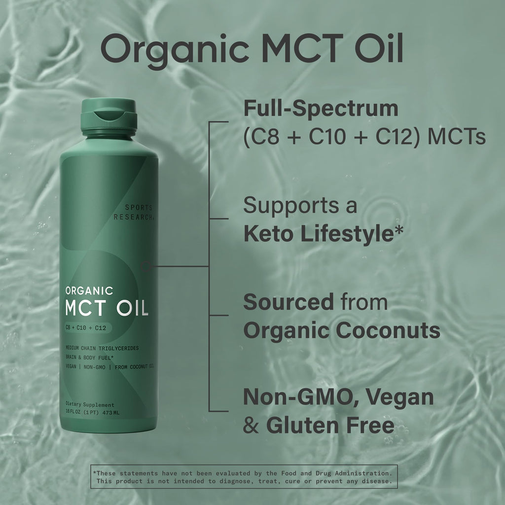 Sports Research Organic MCT Oil - Keto & Vegan MCTs C8, C10, C12 from Coconuts - Fatty Acid Brain & Body Fuel, Non-GMO & Gluten Free - Flavorless Oil, Perfect in Coffee, Tea & Protein Shakes - 32 oz