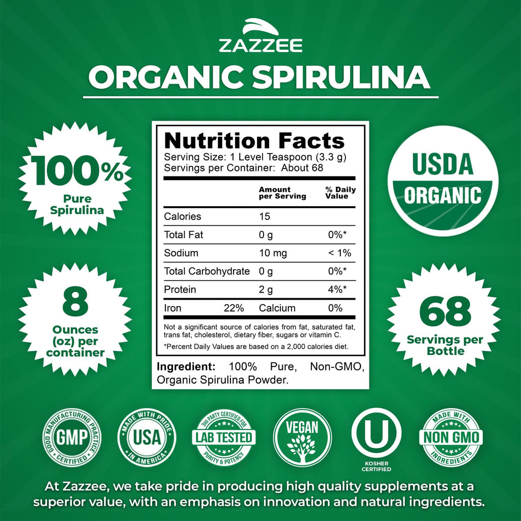 Zazzee USDA Organic Spirulina Powder, 2.2 Pounds (1 KG), 303 Servings, Certified Kosher, 100% Pure, Non-Irradiated, Mess-Free Wide Mouth Container, Fresh Smell and Neutral Taste, Non-GMO, Made in USA