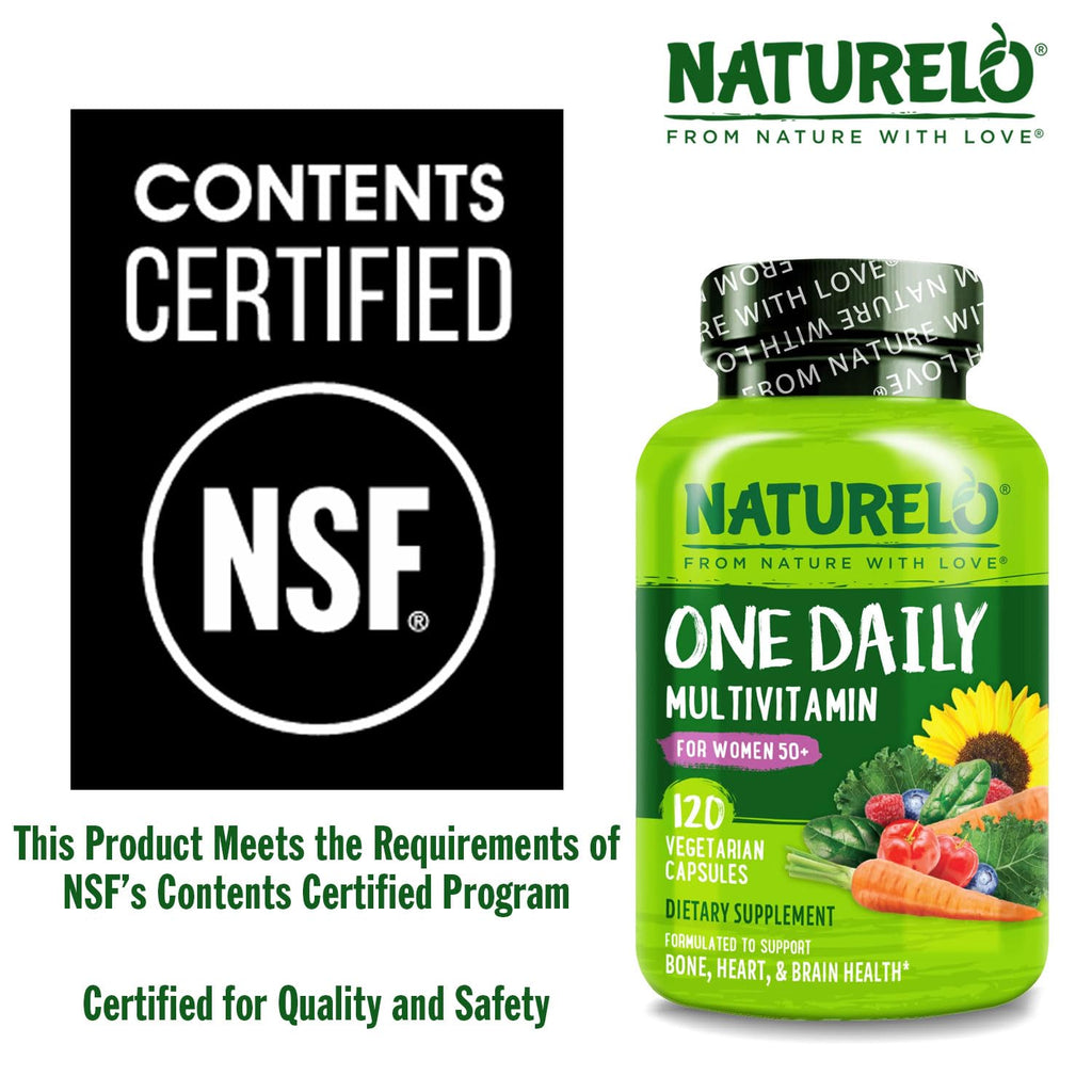 NATURELO One Daily Multivitamin for Women 50+ (Iron Free) - Menopause Support for Women Over 50 - Whole Food Supplement - Non-GMO - No Soy - 60 Capsules - 2 Month Supply