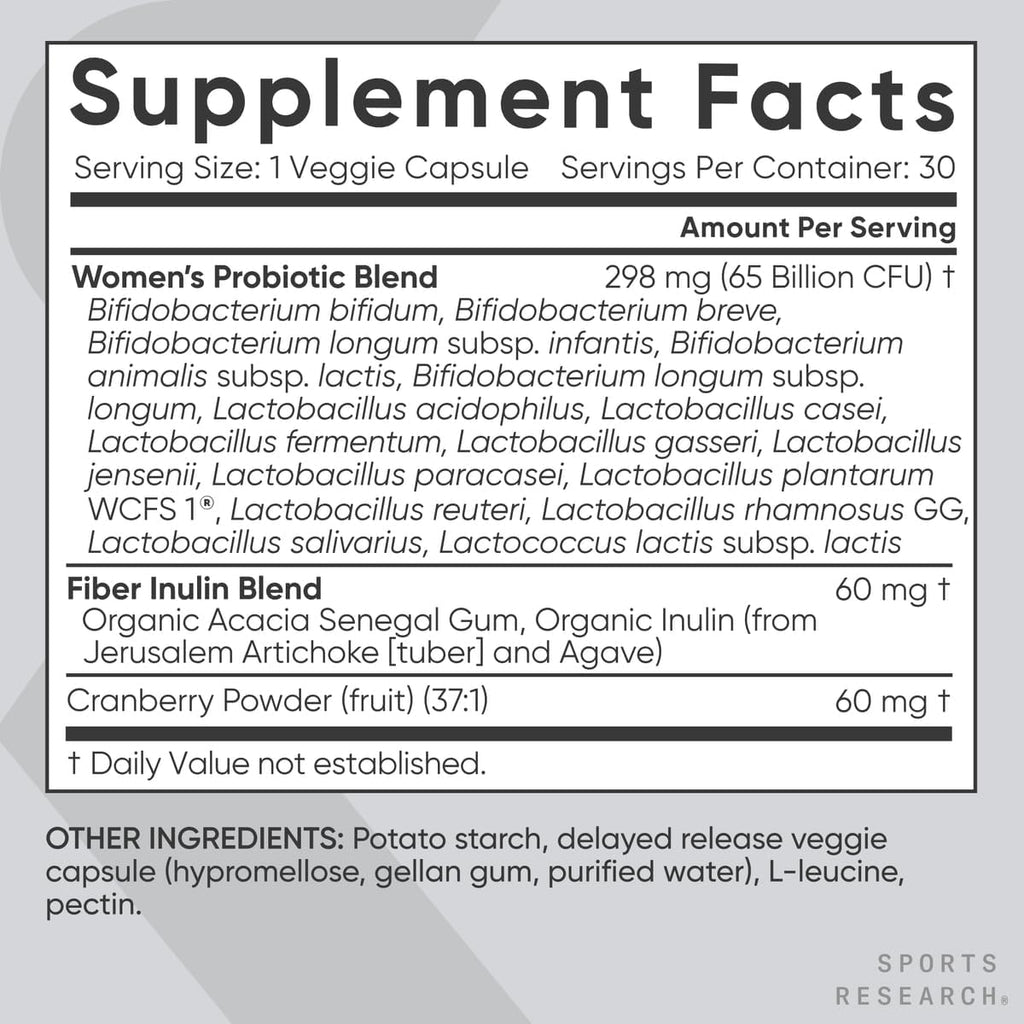 Sports Research Women's Probiotics with Prebiotics, 65 Billion CFU - Vegan Capsules for Gut Health & Digestive Support, Probiotics for Women with Cranberry - Non-GMO Verified & Gluten Free - 30 Count