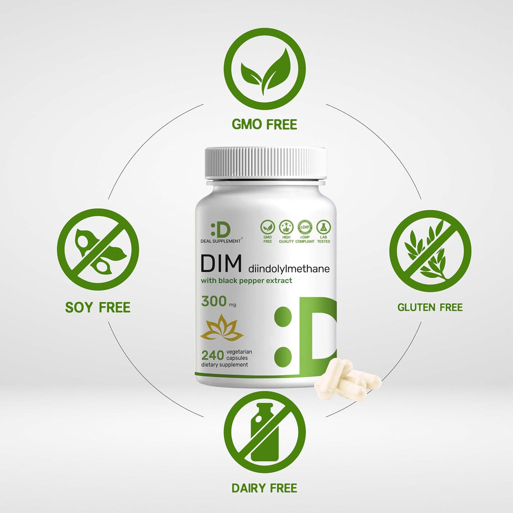 DIM Supplement 300mg with Black Pepper, 240 Vegetarian Caps, 4 Months Supply | 2-in-1 Dim Supplement for Women & Men | Diindolylmethane Plus Black Pepper Extract for Enhanced Absorption*
