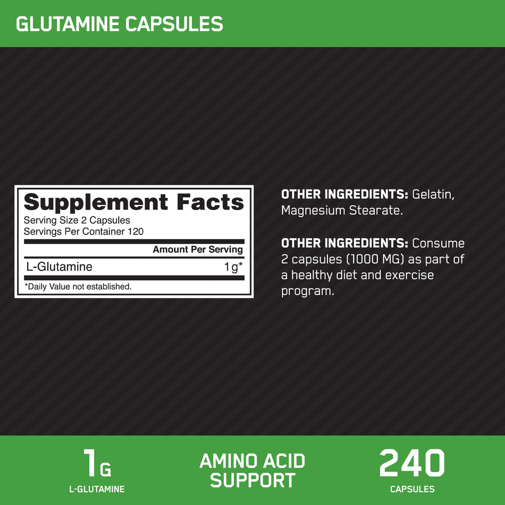 Optimum Nutrition L-Glutamine Muscle Recovery Capsules, 1000mg, 240 Count (Package May Vary)