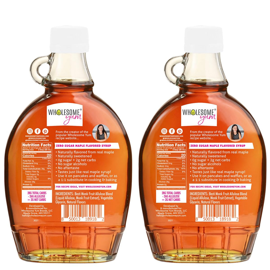 Wholesome Yum Zero Sugar Maple Syrup, Monk Fruit Allulose Keto Maple Syrup | Natural Sugar Free Pancake Syrup. Low Carb, Gluten-Free, Vegan, Non GMO, No Erythritol, No Aftertaste (12 fl oz Glass Bottle)