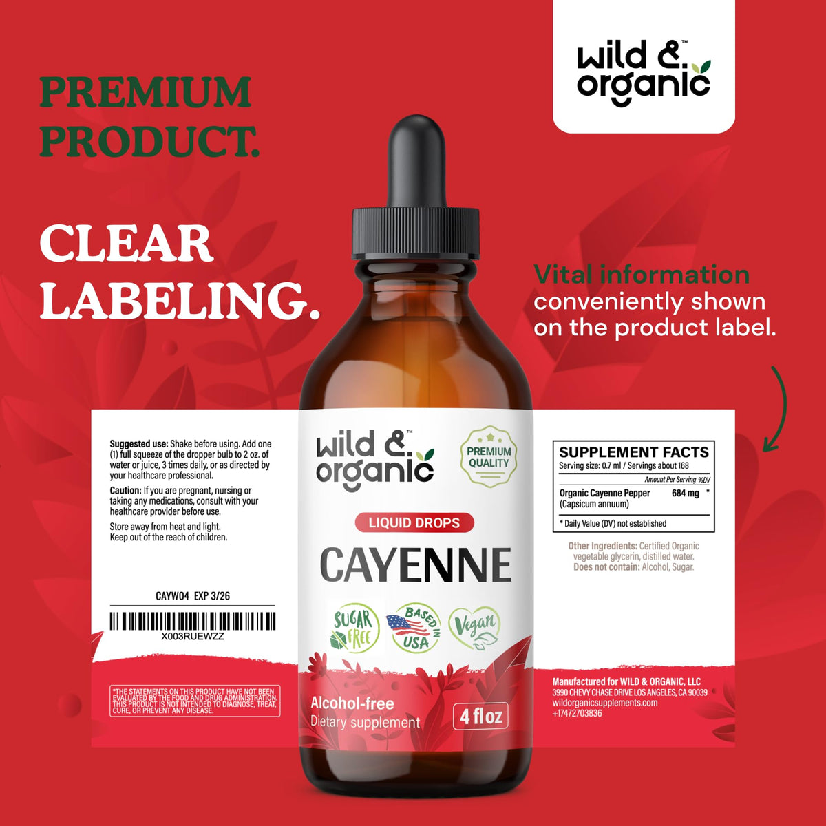 Wild & Organic Cayenne Pepper Drops - Antioxidant & Digestive Support - Capsaicin Supplements - Fast Absorbing Liquid Cayenne Pepper Extract Tincture - No Spicy Aftertaste, Alcohol-Free - 4 fl oz