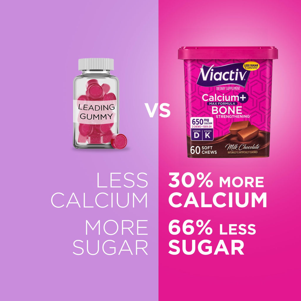 Viactiv Calcium + Vitamin D Supplement Soft Chews for Women & Men - Chewable Calcium for Bone Health Support, 650 mg per Serving, Vitamin D & K for High Absorption - 60 Count, Caramel