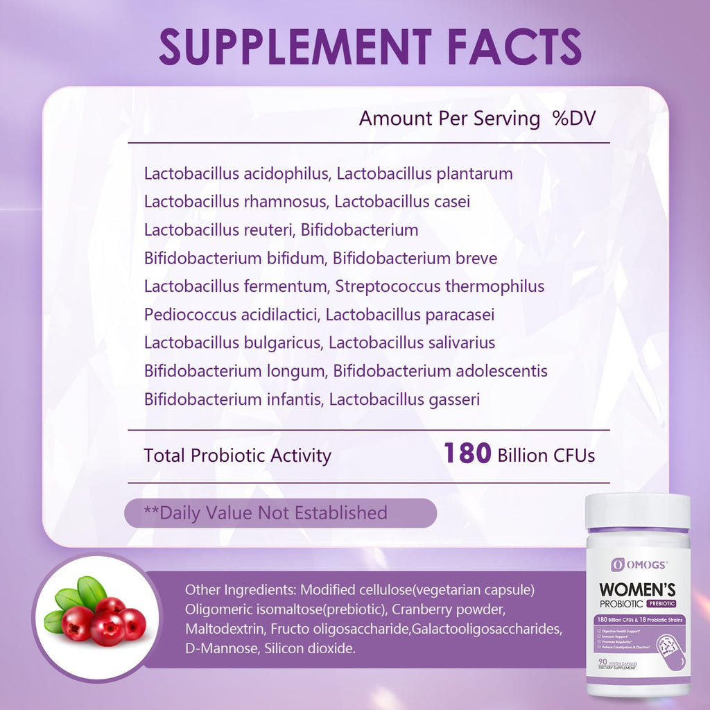 OMOGS Women's Probiotic 180 Billion CFUs 18 Strains, with Organic Prebiotics, Cranberry Extract, D-Mannose & Digestive Enzymes, for Digestive, Boost Immune, PH Balance & Urethral Health, 90 Capsules