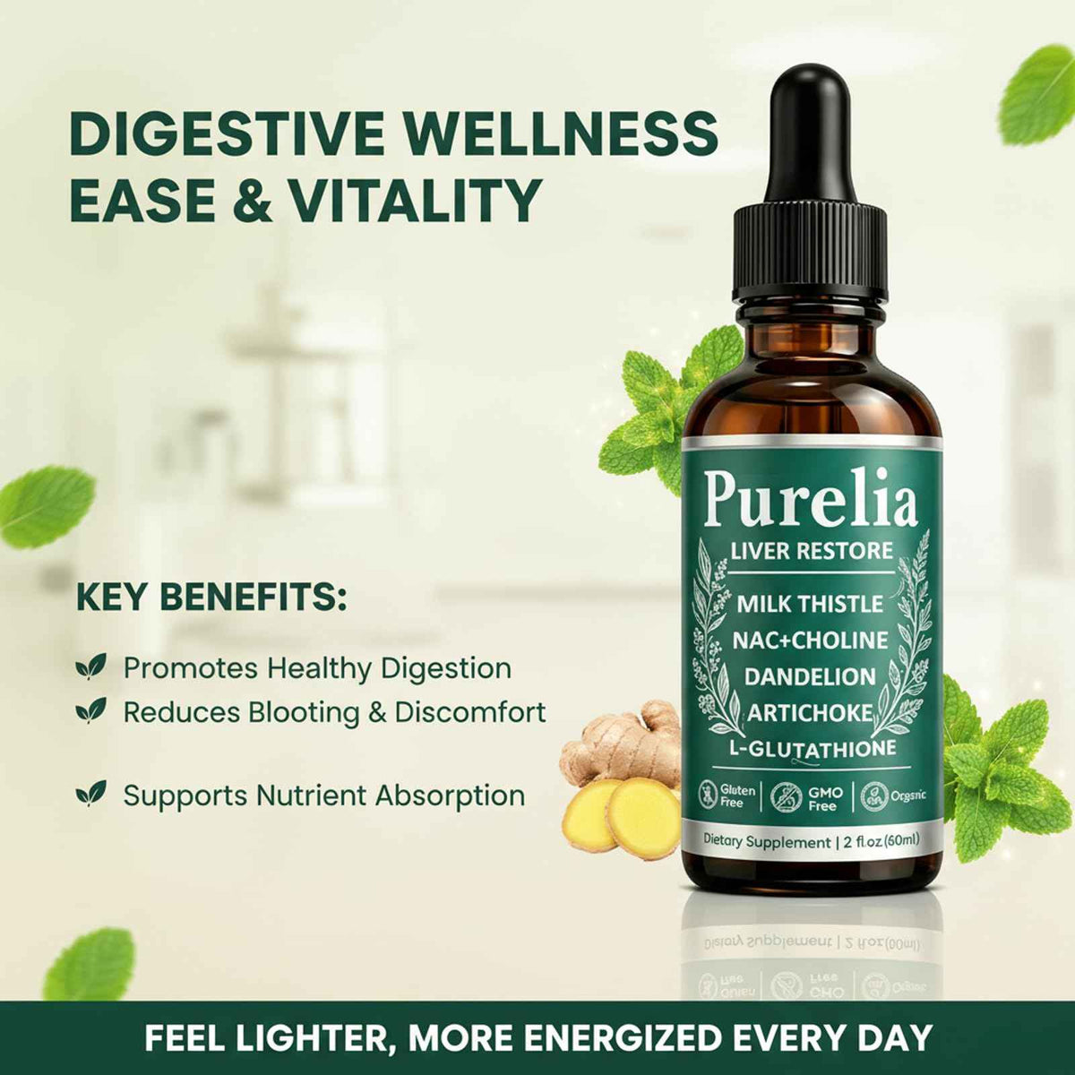 Purelia Liver Restore, 2.02FL OZ Liver Restore Drops, Complete Liver Support Supplement with Milk Thistle, Dandelion Root, L-Glutathione & Choline for Natural Balance & Liver Cleanse